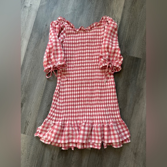 MABLE Pink White Check Ruffle Dress Smocked Stretch Medium Bodycon - Picture 7 of 11